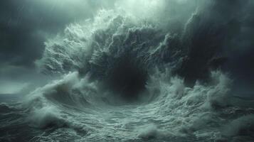 ai generado un dramático atmósfera con un tornado tormenta en el Oceano acompañado por alto olas golpear el costa. foto