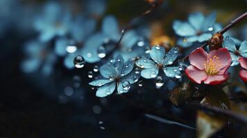 ai generado gotas de lluvia en el azul flor después el lluvia, en el bosque mira mojado y fresco. foto