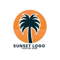 Sunset sea ocean beach logo design.palm tree logo design vector.wave logo design.leaf tree logo design vector