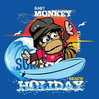 baby monkey holiday to beach play surf vector