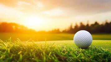 ai generado golf pelota a amanecer en el curso foto