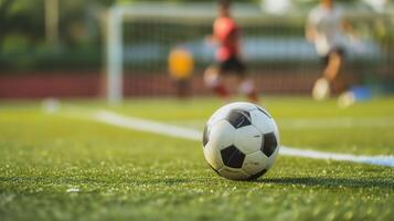 ai generado fútbol acción, dinámica jugar con fútbol pelota en el campo foto