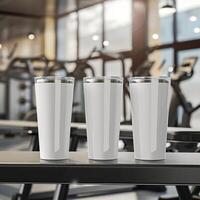 AI generated Fitness Essentials, Short Tumbler Product Mockup on Gym Bench photo