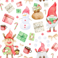 Christmas seamless pattern with Adorable Gnome, scandinavian elf, snowman, deer, giftbox, candy, New Year print. Watercolor hand drawn illustration for wrapping paper, textile, fabric png