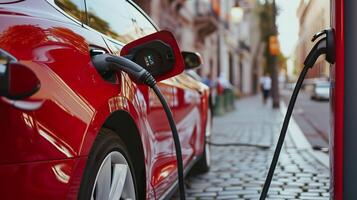 ai generado cargando el futuro, eléctrico coche batería a un verde energía ev cargador estación foto