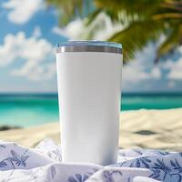 AI generated Beach Essentials, Blank White Tumbler on Sandy Towel photo