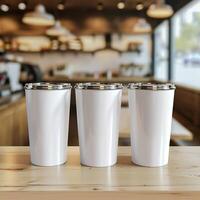 AI generated Stylish Cafe Scene, Tall Tumbler Product Mockup on Wooden Table photo