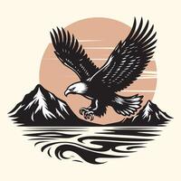 Eagle flying over the mountains. Vector illustration in retro style.