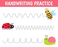 Worksheet for practicing fine kids motor skills. Handwriting practice. Educational game for kids. Insects. Ladybug, bee and snail. vector