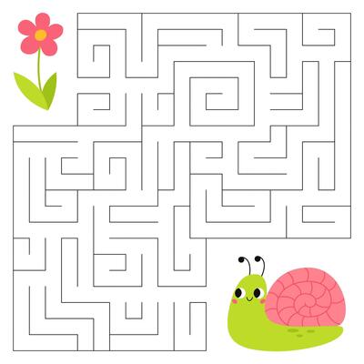 Insects maze game for kids. Cute snail looking for a way to the flower. Printable worksheet with solution for school and preschool. Vector cartoon illustration.