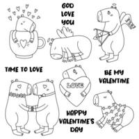 Set cute lovely line capybaras. Outline animal for Valentine's day. Vector cartoon illustration for print stickers, card, poster, textile.