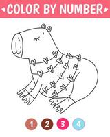 Color by number game for kids. Cute lovely capybara. Valentine day coloring book. Printable worksheet with solution for school and preschool. Learning numbers activity. Vector cartoon illustration.