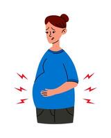 Worried Pregnant woman stomach ache. Mother in bad condition. Sickness, Pregnancy symptoms, motherhood, Health problem concept. Premature birth, contractions. Flat vector isolated Illustrations.