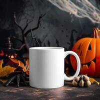 AI generated Halloween Mockup, Plain White Mug on Spooky Setting Background photo