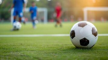 ai generado fútbol acción, dinámica jugar con fútbol pelota en el campo foto