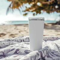 AI generated Beach Essentials, Blank White Tumbler on Sandy Towel photo