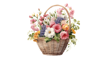 AI generated Bouquet of flowers in basket cutout. Flowers in basket in watercolor on transparent background. png