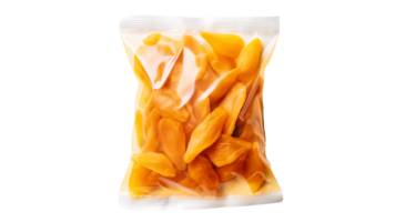 AI generated Dried mango in transparent plastic bag cut out. Mango in bag on transparent background png