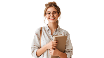 AI generated Happy woman with book in hands. Young woman with book in hand cutout on transparent background png