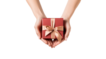 AI generated Present box in hand cut out. Hands holding gift box on transparent background png