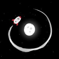 A white-red rocket with two portholes makes a flyby around the shining moon with craters. vector