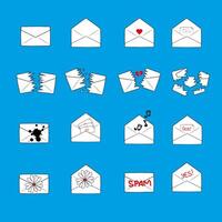 A large set of envelopes icons in drawn style. Open and closed letters. Empty and full envelopes. vector