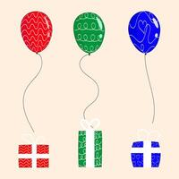 Three patterned balloons and three gift boxes. Red, green and blue. vector