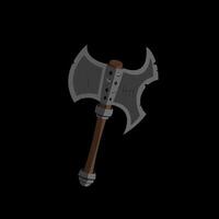 A fantasy orcish battle steel axe with a wooden handle with scratches and damage in a painted style. vector