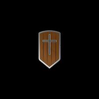 A powerful wooden shield with steel edging and a cross, damaged and scratched in battle. vector