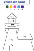 contar y color linda faro. matemáticas juego para niños. garabatear ilustración aislado en blanco antecedentes. vector