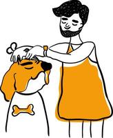 A dog groomer cuts the fur of a domestic pet at a grooming salon. The grooming dog is happy to be groomed. Happy national Dog day poster design.Vector illustration in doodle style isolated on white bg vector