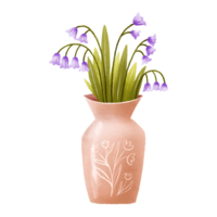 Brown clay vase with blue lilies. Hand drawn illustration on isolated background png