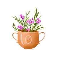 Branches of pink flowers and decorative leaves in a wide brown porcelain vase. Bouquet in a vase. Hand drawn illustration on isolated background png