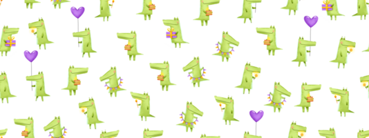 Minimalistic Seamless birthday pattern with green crocodiles. Alligators celebrate birthday with gifts, balloons and cakes, sparklers. Purple background with monsters. Ideal for wrapping paper png