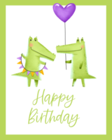 Holiday card for children's birthday. Two green crocodiles with a festive balloon in the shape of a heart and a garland. Happy birthday inscription. Hand drawn illustration on isolated background png