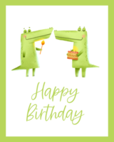 Holiday card for children's birthday. Two green crocodiles with a birthday cake and a candle. Happy birthday inscription. Hand drawn illustration on isolated background png