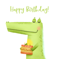 Holiday card with a green crocodile and a delicious cake with candles. Cartoon hand drawn character. Wild animals. Happy birthday. Isolated illustration png