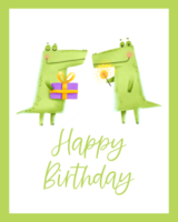 fiesta tarjeta para para niños cumpleaños. dos verde cocodrilos con un fiesta regalo y un bengala. contento cumpleaños inscripción. mano dibujado ilustración en aislado antecedentes png