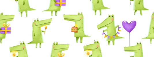 Seamless pattern for Birthday with green crocodiles. Crocodiles celebrating birthday with gifts, balloons and cakes. Endless background. Alligators and monsters. Ideal for wrapping paper png
