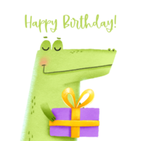 Holiday card with a green crocodile with a gift box and a big bow. Cartoon hand drawn character. Wild animals. Happy birthday. Isolated illustration png