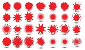 Starburst set red color, sun ray frames, sunburst badges, retro stars, sale or discount stickers. vector