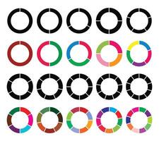 Set of different color circles pie charts diagrams. Various sectors divide the circle into equal parts. vector