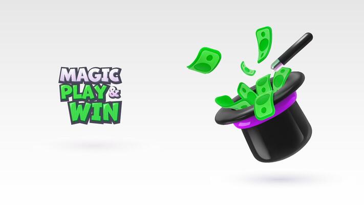 Win prize. 3d magic hat with paper money explosion out on the white background. Online casino gambling game vector illustration advertising