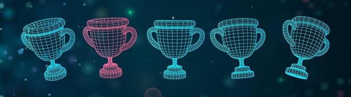 Champion cup 3d icons collection. Mesh grid winner goblet vector design elements set. Three-dimensional bowles on dark blur background. Futuristic HUD elements