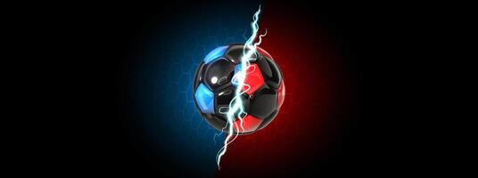 Versus football vector banner. VS battle sports soccer illustration. Confrontation concept competition match game. Red and Blue ball with thunderbolt on dark background.