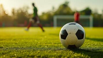 ai generado fútbol acción, dinámica jugar con fútbol pelota en el campo foto