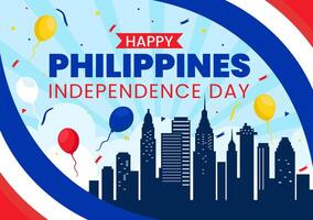 Filipinas independencia día vector ilustración en 12 junio con ondulación bandera y cinta en nacional fiesta celebracion plano dibujos animados antecedentes