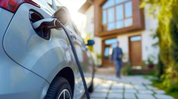 AI generated Electric Car Charging at Home, Eco Friendly Concept with Progressive Man photo