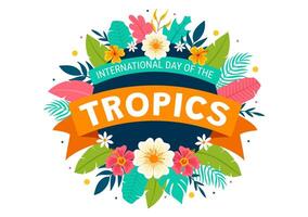 internacional día de el zona tropical vector ilustración en 29 junio con animal, césped y flor plantas a preservar trópico en naturaleza plano antecedentes