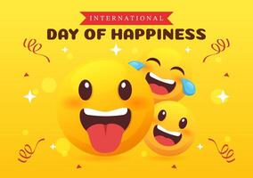 World Happiness Day Celebration Vector Illustration with on 20 March Smiling Face Expression and Yellow Background in Flat Cartoon Design